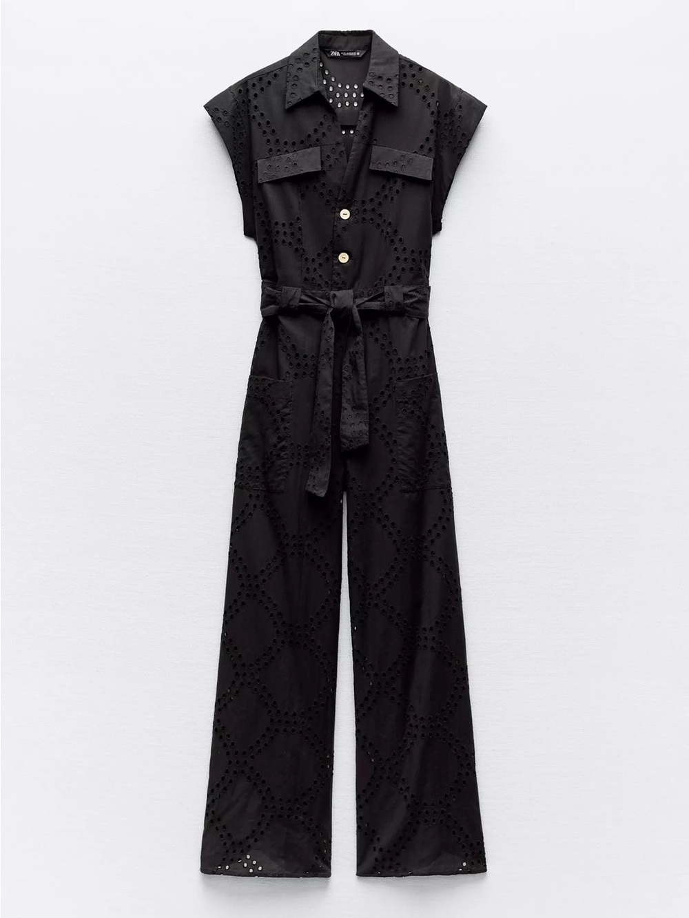 Black Eyelet Tie-Waist wide leg Jumpsuit -  Women Pants & Jumpsuits